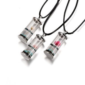 Glass Wishing Bottle Faux Leather Cord Pendant Necklaces, with Dried Flower & Natural Gemstone Chip Beads Inside