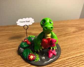 Dinosaur ornament with flowers and heart Handmade Polymer clay