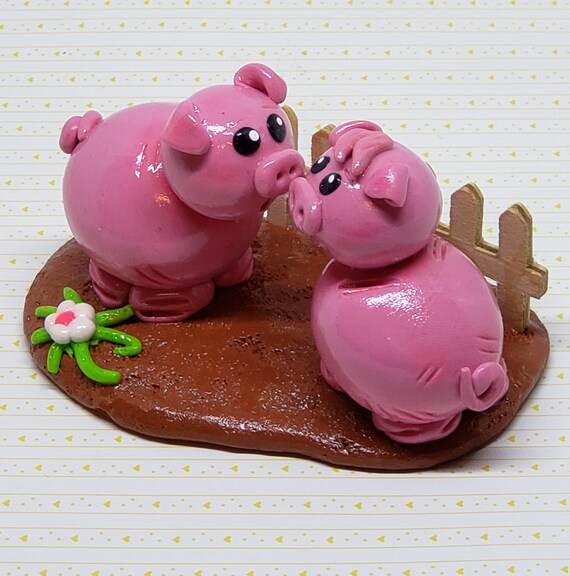 Pig Figurine With Wooden Fence Couple Ornament Polymer Clay Figurine Handmade Home Decor Pigs Bedroom Decor Cake Topper
