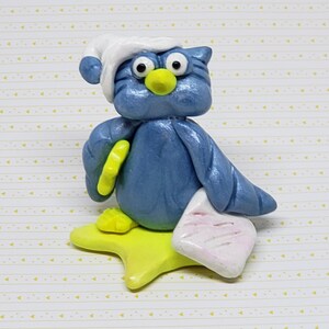 Blue Owl Figurine, Handmade Ornament, Polymer Clay, Figurines, Home Decor