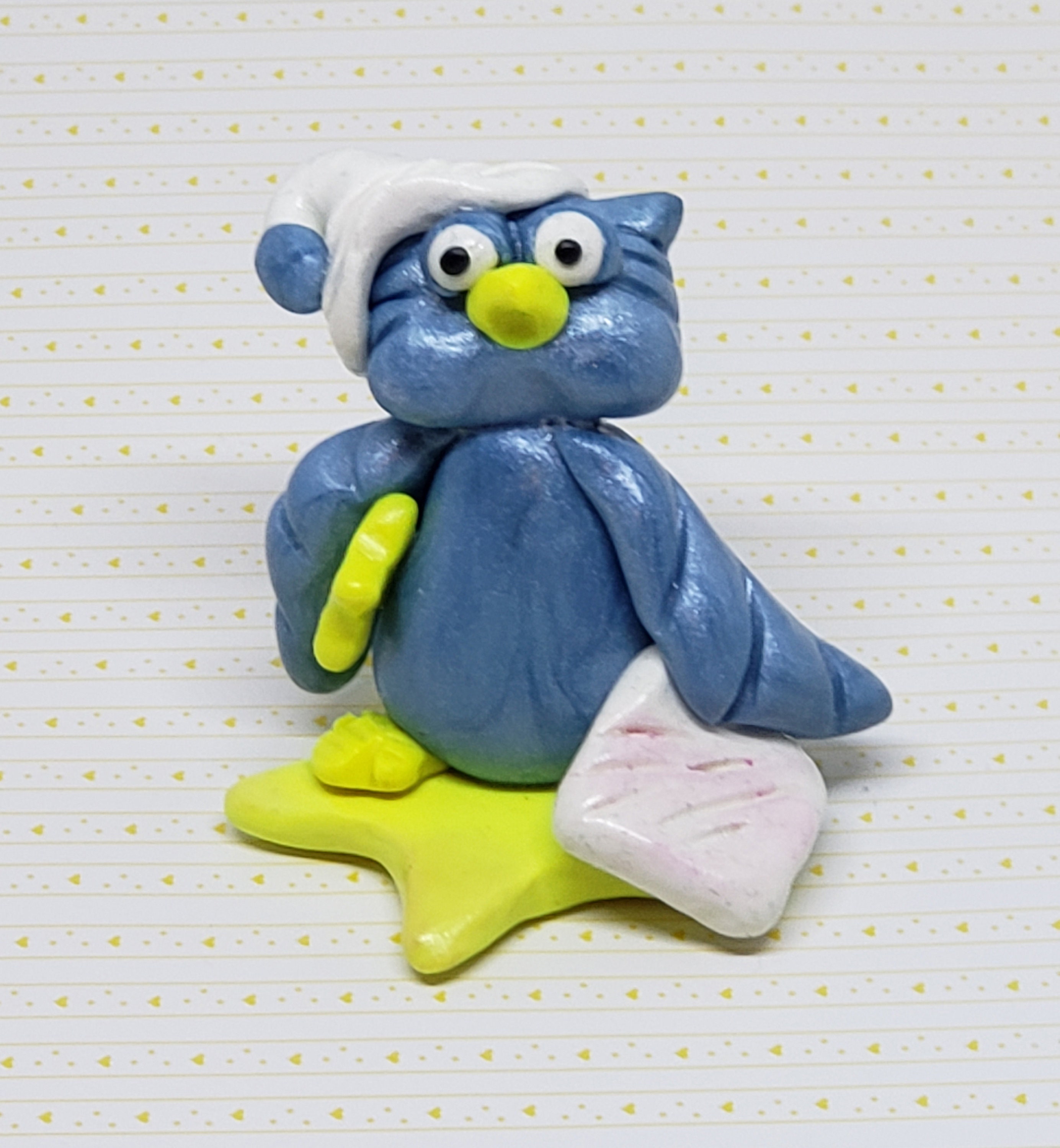 Blue Owl Figurine, Handmade Ornament, Polymer Clay, Figurines, Home Decor