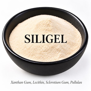May include: A black bowl filled with a fine, beige-coloured powder. The word SILIGEL is printed in black in the centre of the powder. Below the bowl, the text reads: Xanthan Gum, Lecithin, Sclerotium Gum, Pullulan. The powder has a granular texture.
