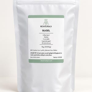 May include: A white stand-up pouch containing 1kg (1000g) of Renaturals Siligel, a gelling agent, stabiliser, co-emulsifier, and suspending agent. The label lists INCI ingredients as Xanthan Gum, Lecithin, Sclerotium Gum, and Pullulan with a 11/2028 date.