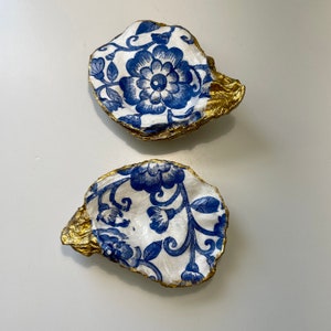 Blue Decoupaged Oyster Shells Small Batch Handmade Gifts under 40 Bridesmaid Present Wedding Favors Functional Decor Ring Holder Jewelry