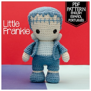May include: Crochet pattern for a cute, blue and white Frankenstein amigurumi doll. The pattern is available in English, Spanish, and Portuguese. The doll is standing on a blue and white background.
