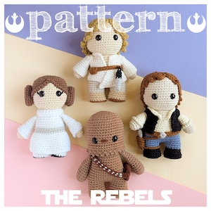Puede incluir: Patrón de crochet para personajes de Star Wars: Luke Skywalker, la princesa Leia, Han Solo y Chewbacca. El patrón se titula "The Rebels".