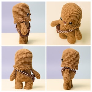 May include: A brown crocheted plush toy resembling Chewbacca from Star Wars. The toy has a white bandolier and black eyes.