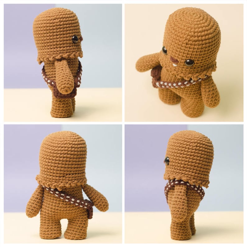 May include: A brown crocheted plush toy resembling Chewbacca from Star Wars. The toy has a white bandolier and black eyes.