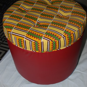Round Kente/Red Vinyl Storage Ottoman
