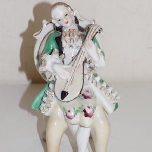 Vintage Porcelain Minstrel Musician Figurine Gold Victorian String Instrument