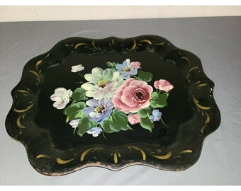 Vintage black tole metal tray with pink and white flowers and gold handles