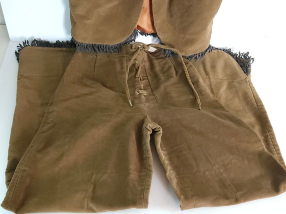 Vintage Suede Vest Pants Set Fringed Brown Outfit - image 3