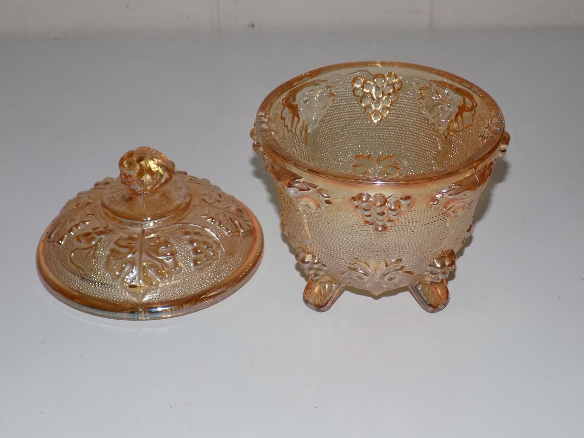 Vintage Iridescent Orange Candy Dish Set Lid Bowl Etsy