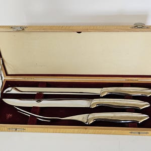 Vintage Stainless Steel Carving Set Knife Fork Wood Box Japan