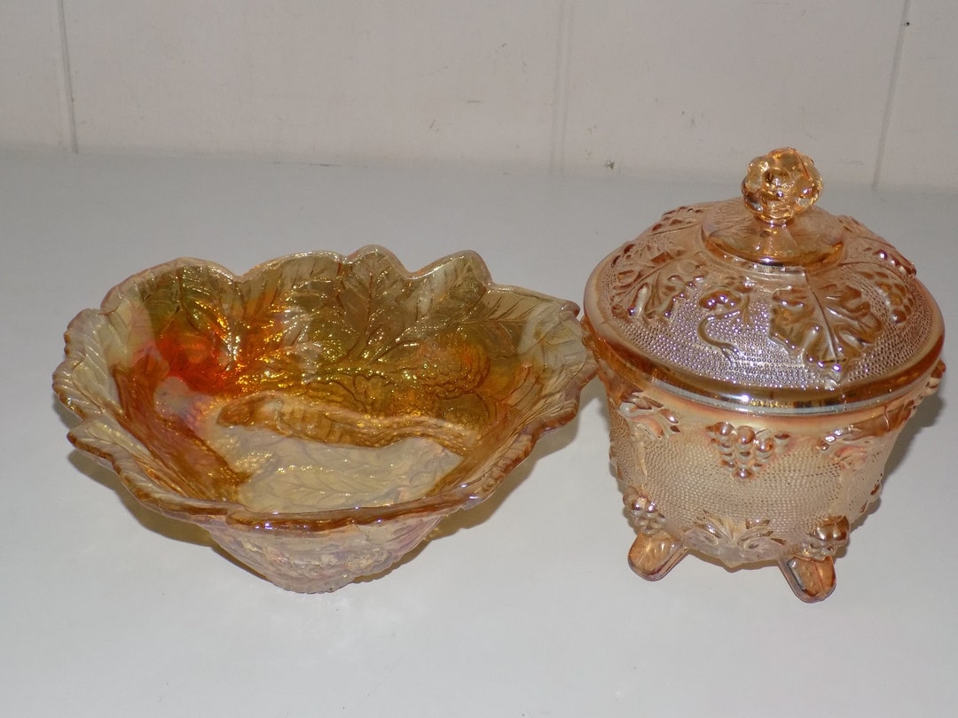 Vintage Iridescent Orange Candy Dish Set Lid Bowl Etsy