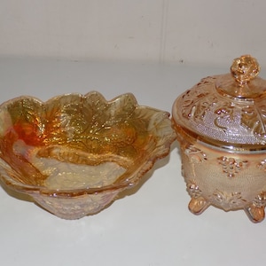 Vintage Iridescent Orange Candy Dish Set Lid Bowl