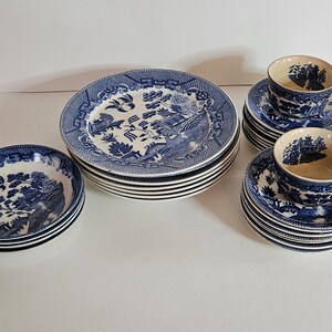 Vintage Blue Willow Transferware Plates Saucers Cups Japan