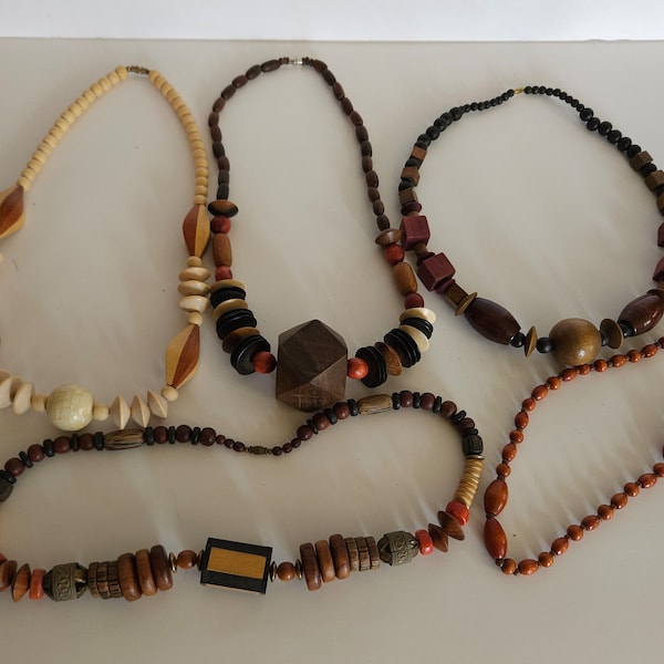 Vintage Multicolor Wood Bead Necklace Collection African Jewelry
