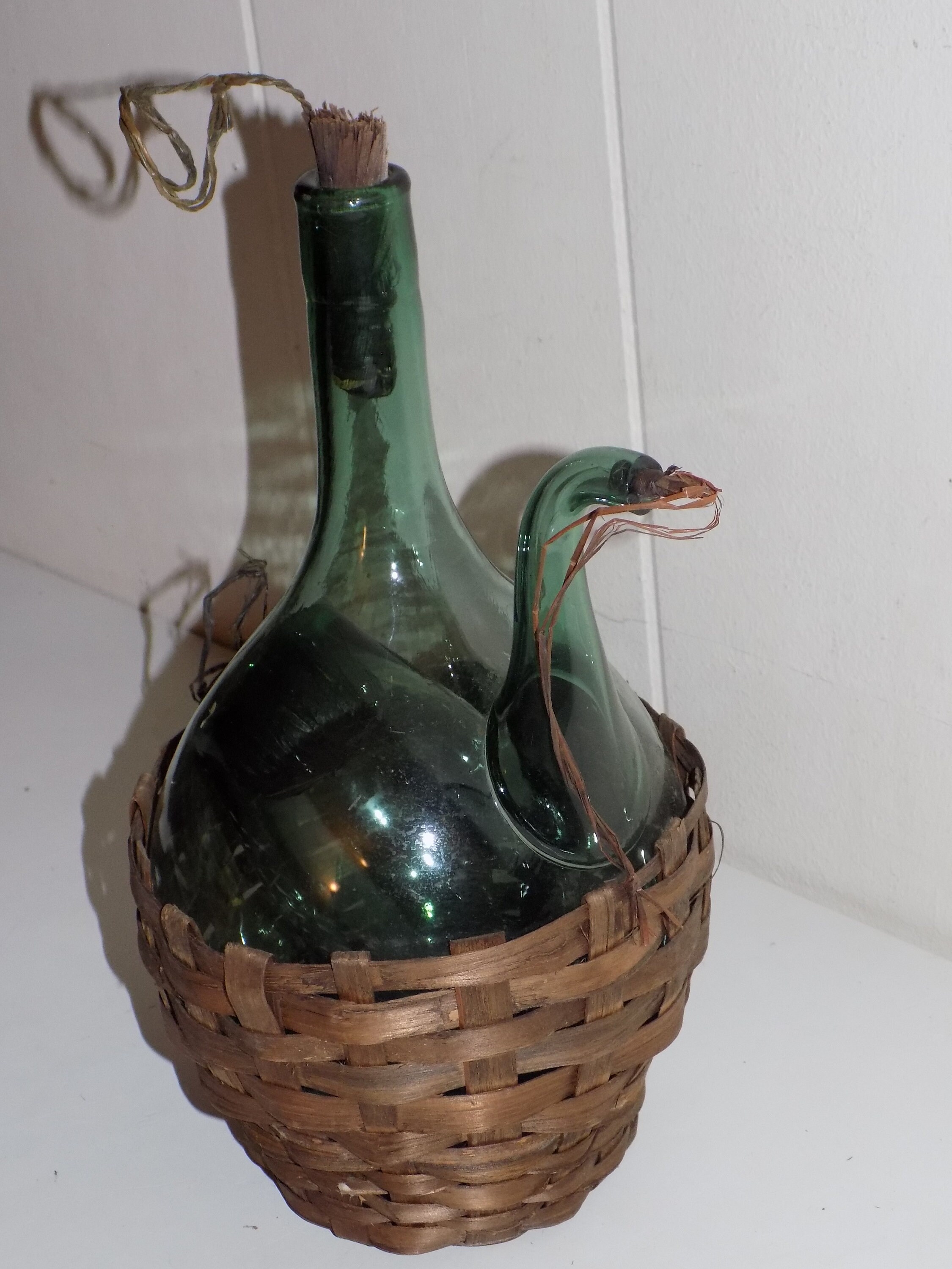 Vintage Green Glass Wine Decanter Chiller Woven Basket Etsy