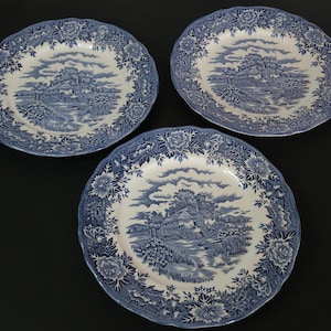 Vintage Salem China Co. English Village Dinner Plate Set of 3 Blue White