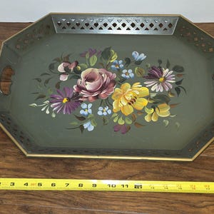 Vintage Metal Hand Painted Serving Tray Cut Out Flowers