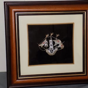 Vintage Framed 3D Metal Ship Boat Model