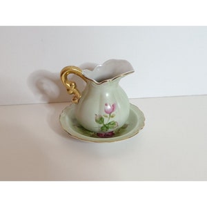 Vintage Porcelain Creamer Pitcher With Saucer Hand Painted Roses