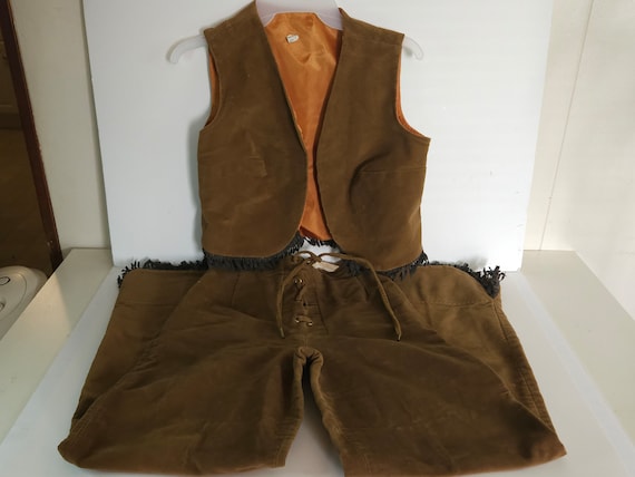 Vintage Suede Vest Pants Set Fringed Brown Outfit - image 1