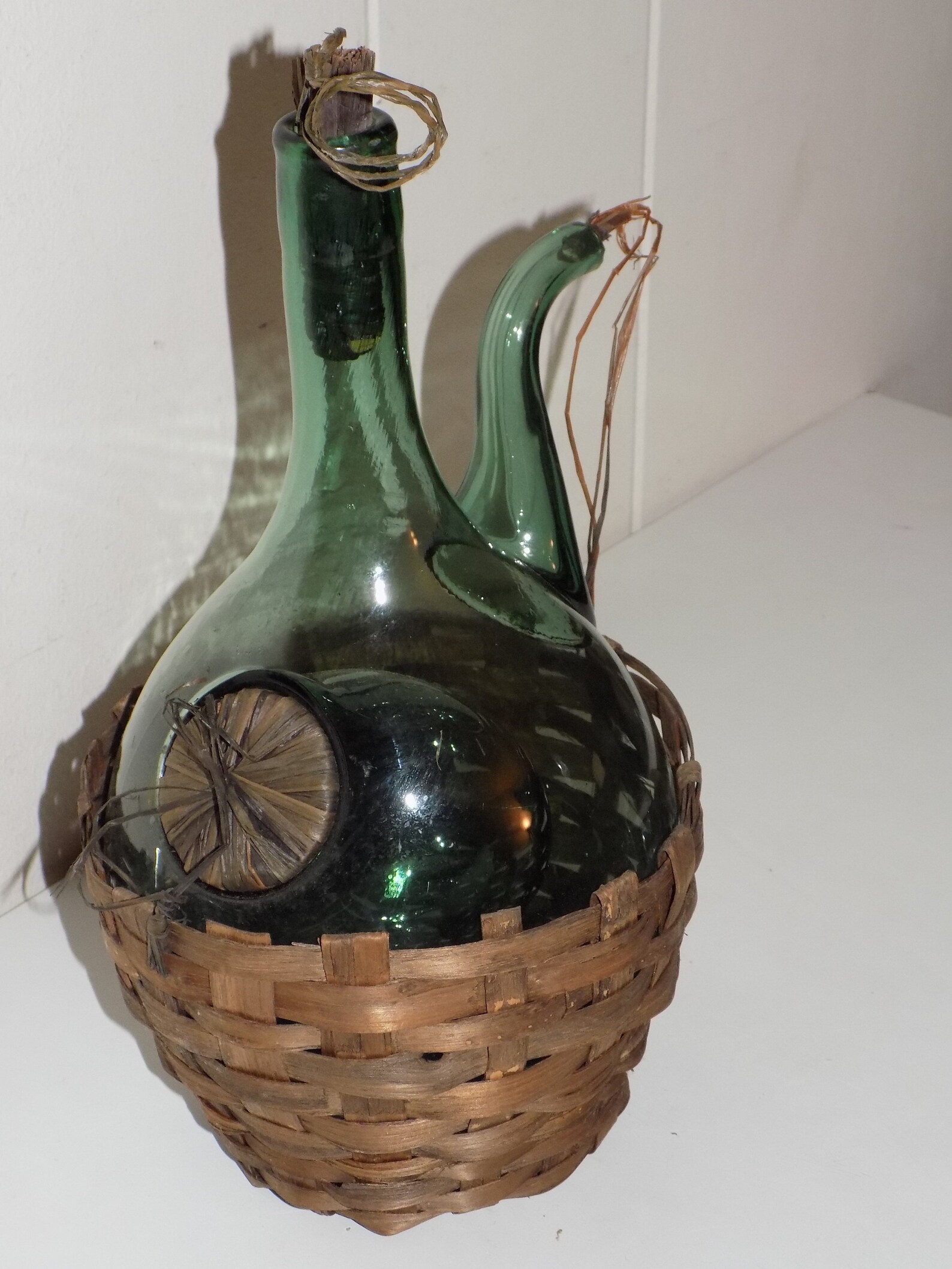 Vintage Green Glass Wine Decanter Chiller Woven Basket Etsy
