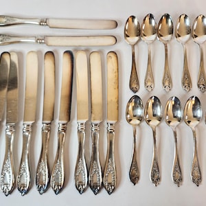May include: An assortment of antique silverware, including knives with ivory-colored handles, spoons, and butter knives. The silverware has ornate, detailed handles and a polished, reflective surface, suggesting a formal dining setting.