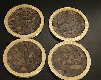 Vintage Inlaid Coaster Set Gold Tone Metal Edge MCM