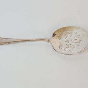 May include: A silver-colored serving spoon with a slotted, oval head and a long, slender handle. The head features an intricate, openwork design. The spoon is likely made of stainless steel or a similar metal and is designed for serving food.