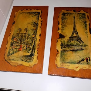 Vintage Lacquer Ducollet Prints on Wood Eiffel Tower Notre Dame