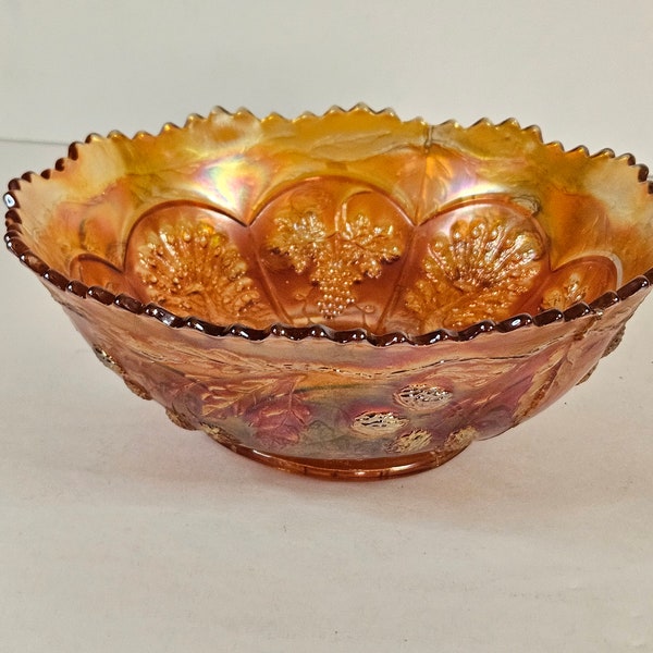 Vintage Orange Carnival Glass Bowl Iridescent Peacock Grapes