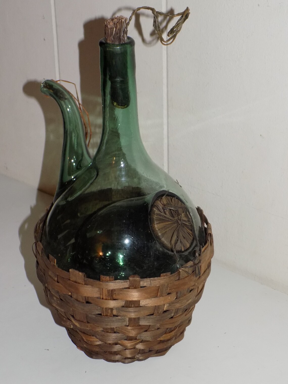 Vintage Green Glass Wine Decanter Chiller Woven Basket Etsy