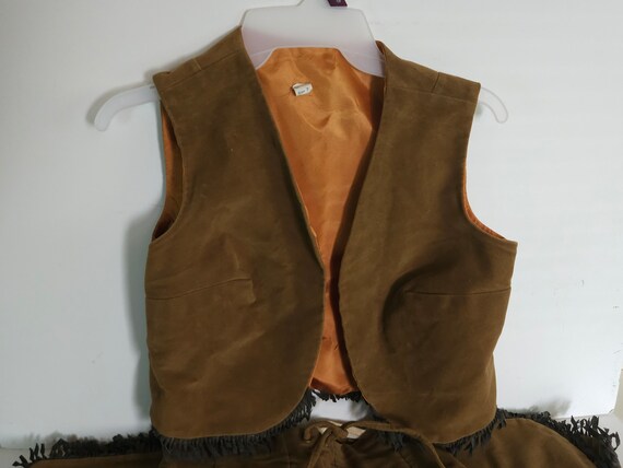 Vintage Suede Vest Pants Set Fringed Brown Outfit - image 2