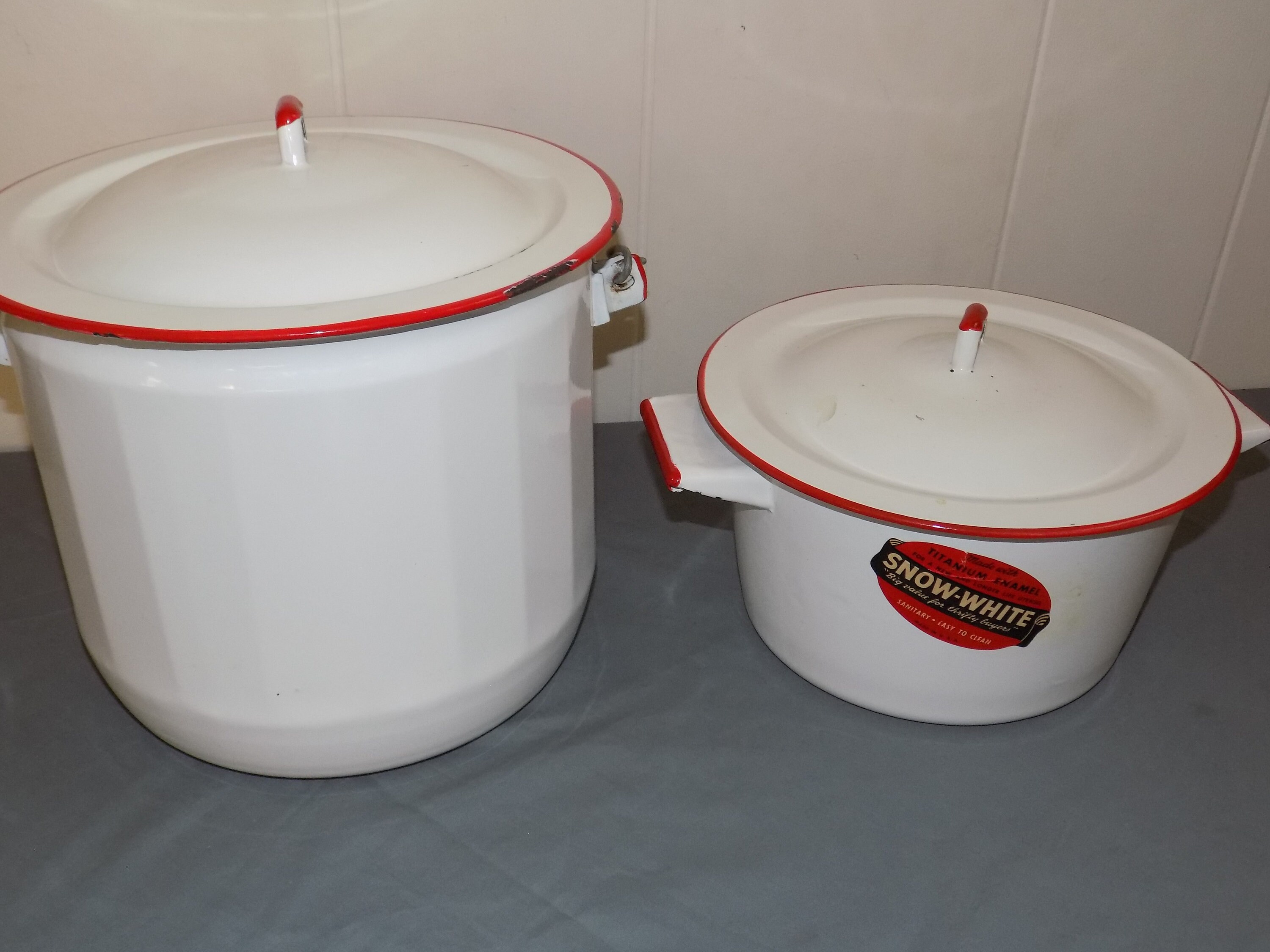 Vintage Enamel on Cast Iron Steamer Pots-White/Red-Country Kitchen