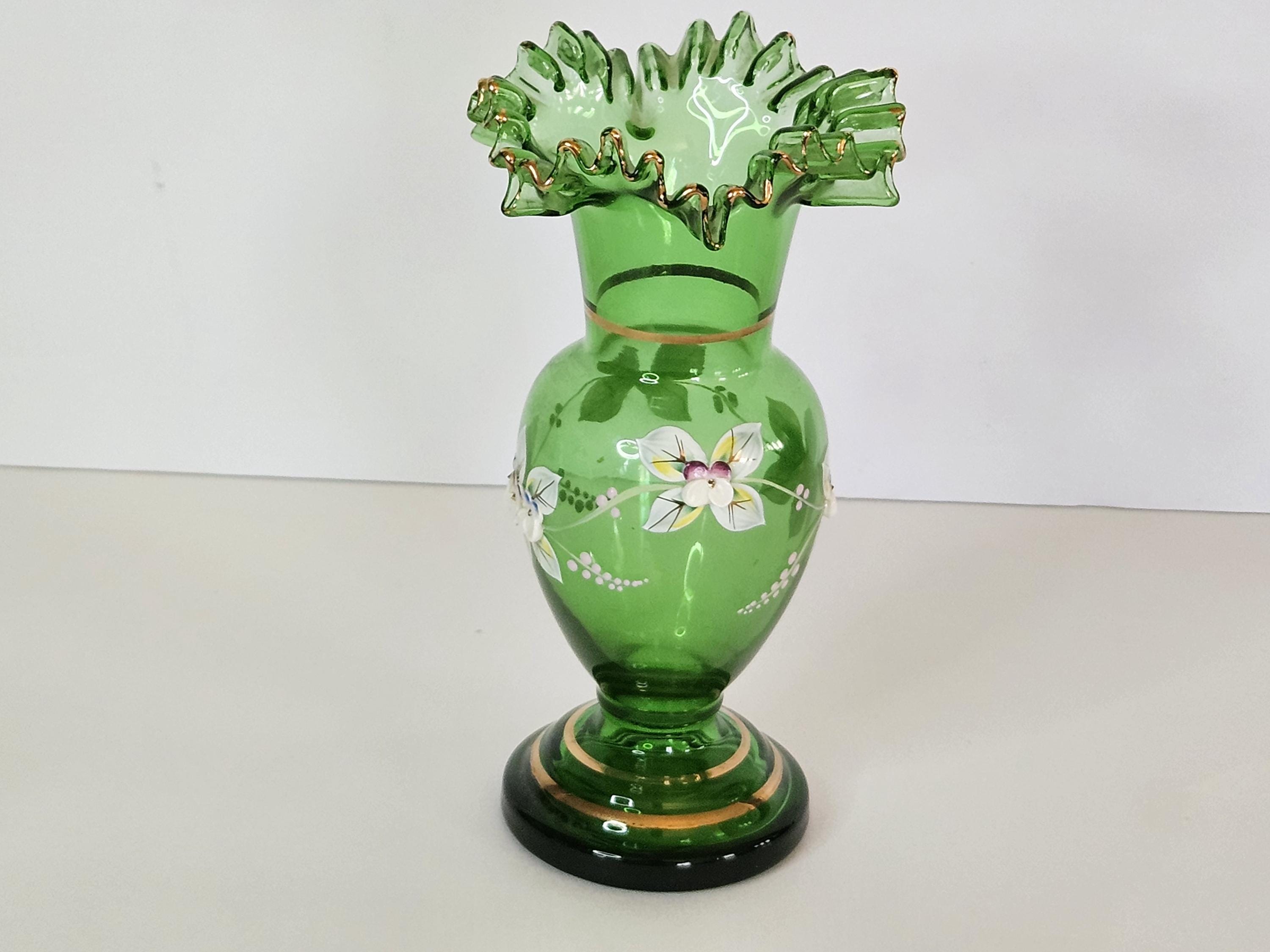 Vintage Green Glass Vase Hand Painted 3D Flowers Ruffled Edge - Etsy