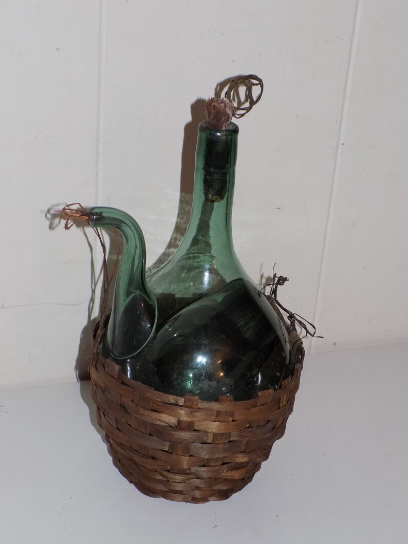 Vintage Green Glass Wine Decanter Chiller Woven Basket Etsy
