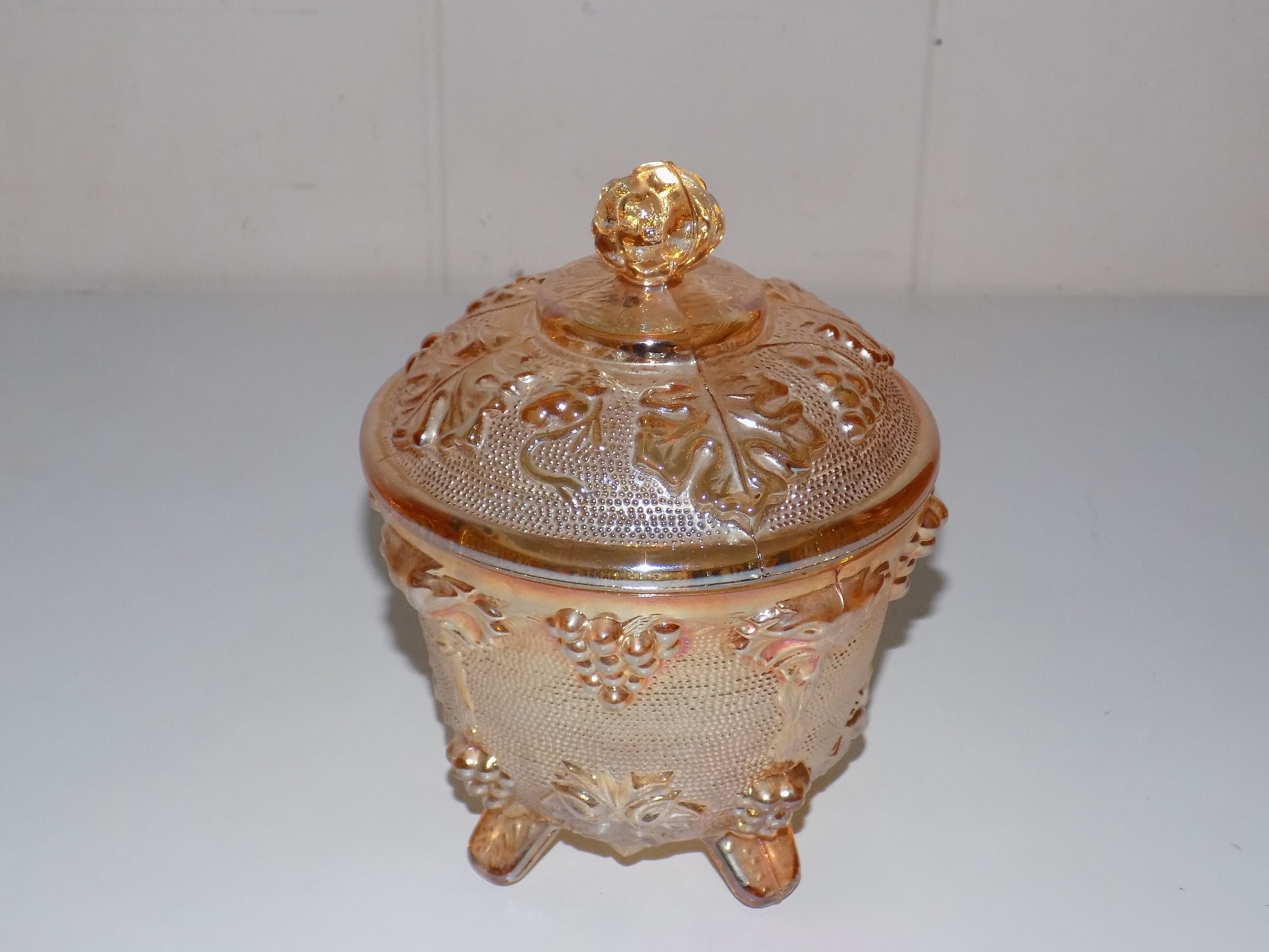 Vintage Iridescent Orange Candy Dish Set Lid Bowl Etsy