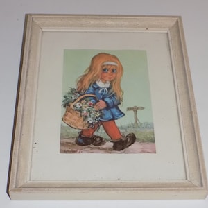 Vintage Michel T Retro Big Eye Print Girl With Flowers