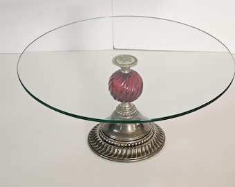 Vintage Metal Glass Cake Plate Stand Pedestal Red Swirl Retro Decor