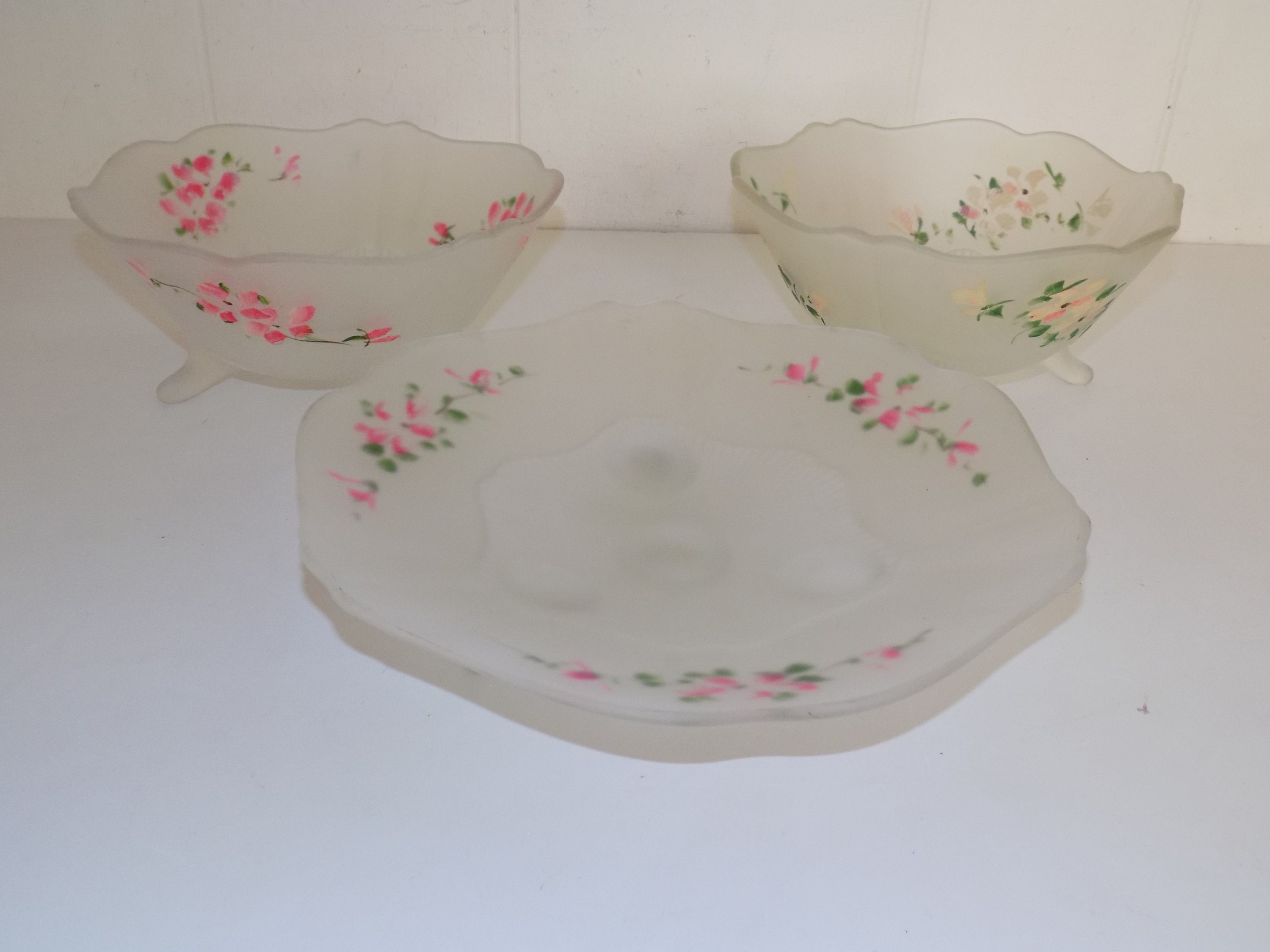 Frosted Glass Bowl Plate Set Hand Painted Pink Flowers Etsy