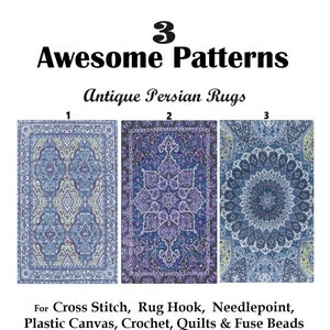 3 SAPPHIRE Persian Rug PATTERNS for Cross Stitch-Latch Hook-Plastic Canvas-Needlepoint-Perler-Crochet Graphgans-INSTANT DiGiTAL Pdf