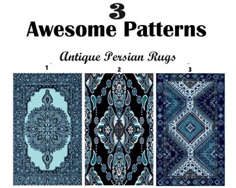 3 BLUE Persian Rug PATTERNS for Cross Stitch-Rug Hook-Plastic Canvas-Needlepoint-Embroidery-Perler-Graphgans-INSTANT DiGiTAL Pdf