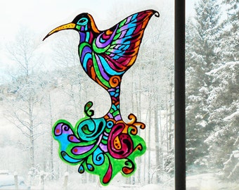 Hummingbird Stained Glass Window Cling Suncatcher, Window Painting, 10" Hand Painted Static Cling Window Art, Bird, Birds, Sure 2 Fit Gift