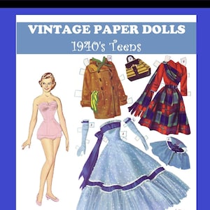 Muñecas de papel vintage de los años 40, PDF IMPRIMIBLE DIGITALMENTE INSTANTÁNEO, álbum de recortes para adolescentes, diario efímero de moda, imágenes prediseñadas, juguetes para manualidades para niños, ¡celebra una fiesta de muñecas!