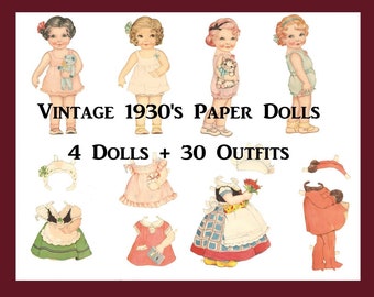 VINTAGE 1930s Paper Dolls-DiGiTAL PRINTABLE-Scrapbook-Journal-Collage Ephemera Clip Art-Kids Craft Toy-Have a Boost Motor Skills D0LL PARTY