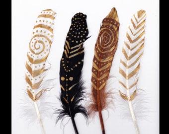 Painted Feathers, Set of 4 Real Feathers, Happy Birds Feathers, Native Medicine Prayer Healing Smudge Feather, Wedding or Wall Decoration