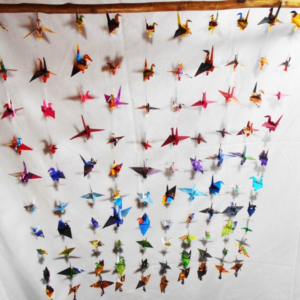 Origami Paper Cranes 40" Strings-10 Peace Cranes + Gemstones-Party & Window Decorations-Wedding Decor-Suncatcher-1 Year Paper Anniversary